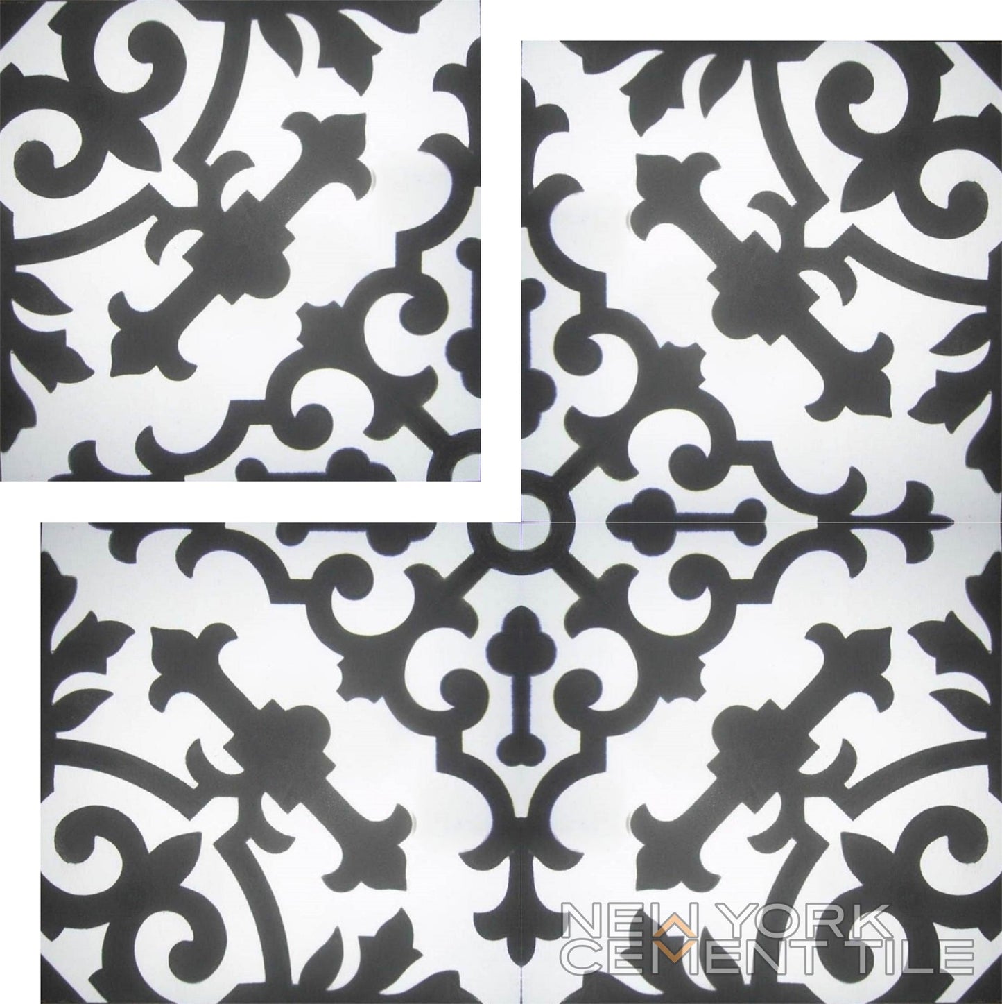 Black and white handcrafted cement tile with floral and geometric design, N20-063 Extra Sample by New York Cement Tile.