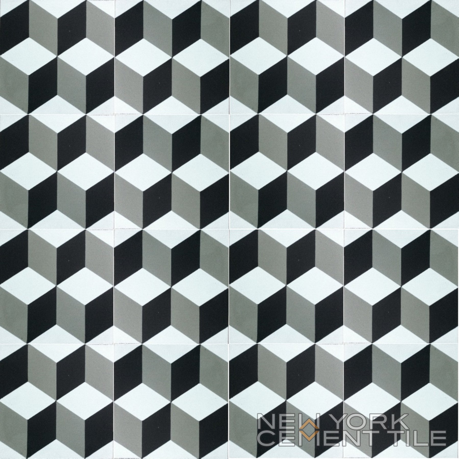 N20-171, Sample by New York Cement Tile: geometric black, white & gray cubes with handcrafted detailing and logo.