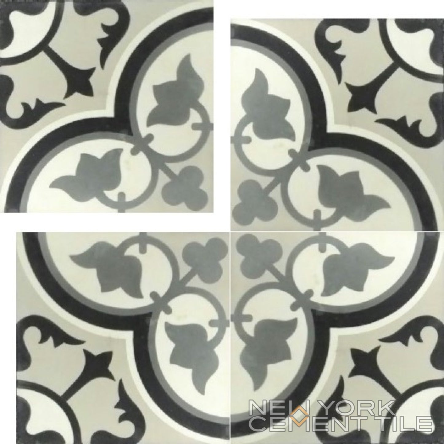 Four durable N20-172 Extra Sample tiles by New York Cement Tile; black and gray floral motif with watermark visible.