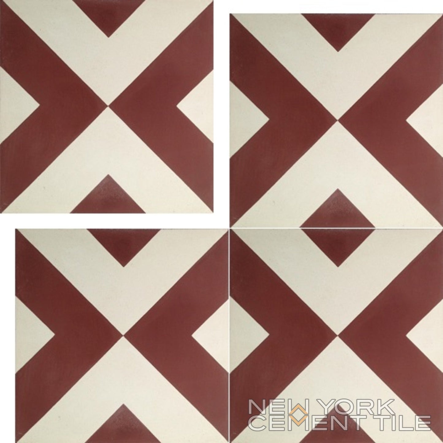 Four handcrafted cement tiles in maroon and cream form bold diamond and X patterns. New York Cement Tile, N20-184.