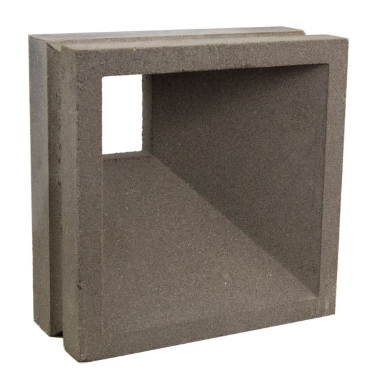 The Aku Sample by New York Cement Tile is a mid-century modern concrete screen block with an angled cut and small square opening.