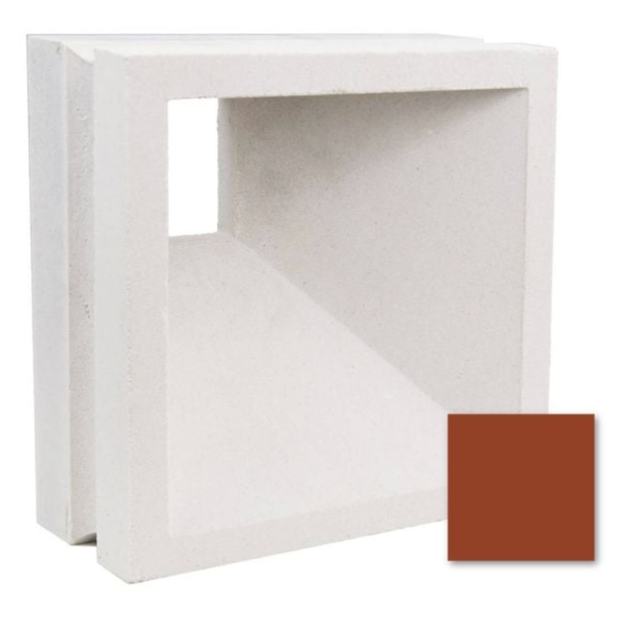 The Aku Sample by New York Cement Tile is a white, hollow, mid-century modern concrete screen with a reddish-brown corner.