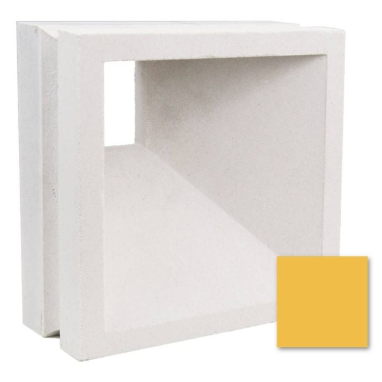 Aku Sample by New York Cement Tile: white concrete breeze block with square cutout, shown next to mustard yellow.