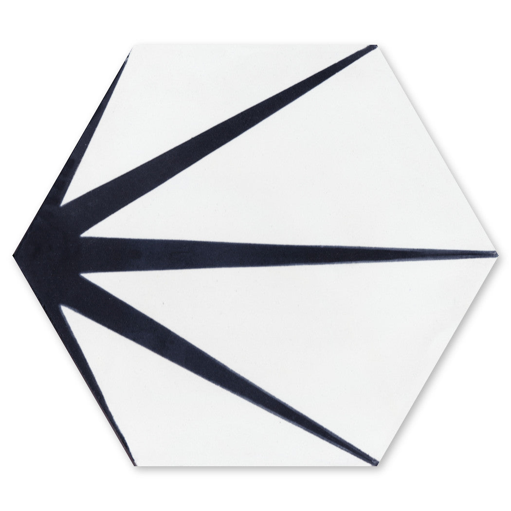 NH23-054 B&W by New York Cement Tile: white hex tile with bold black lines radiating from one corner for a sunburst effect.