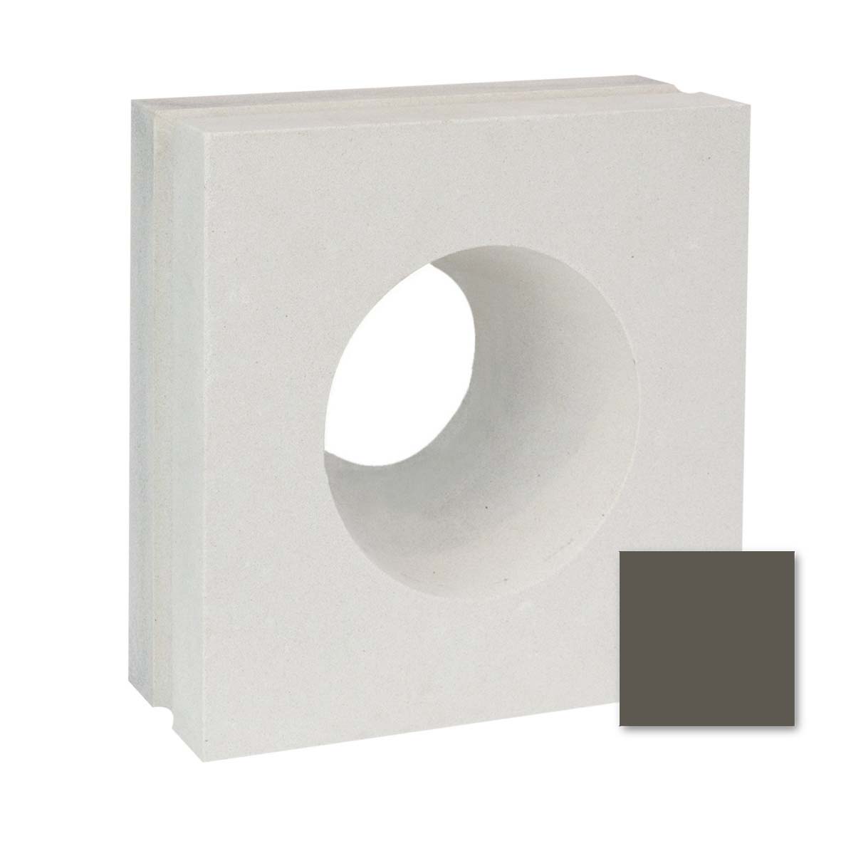 The Gada by New York Cement Tile is a square white block with a large hole and gray accent, perfect for partitions or screens.