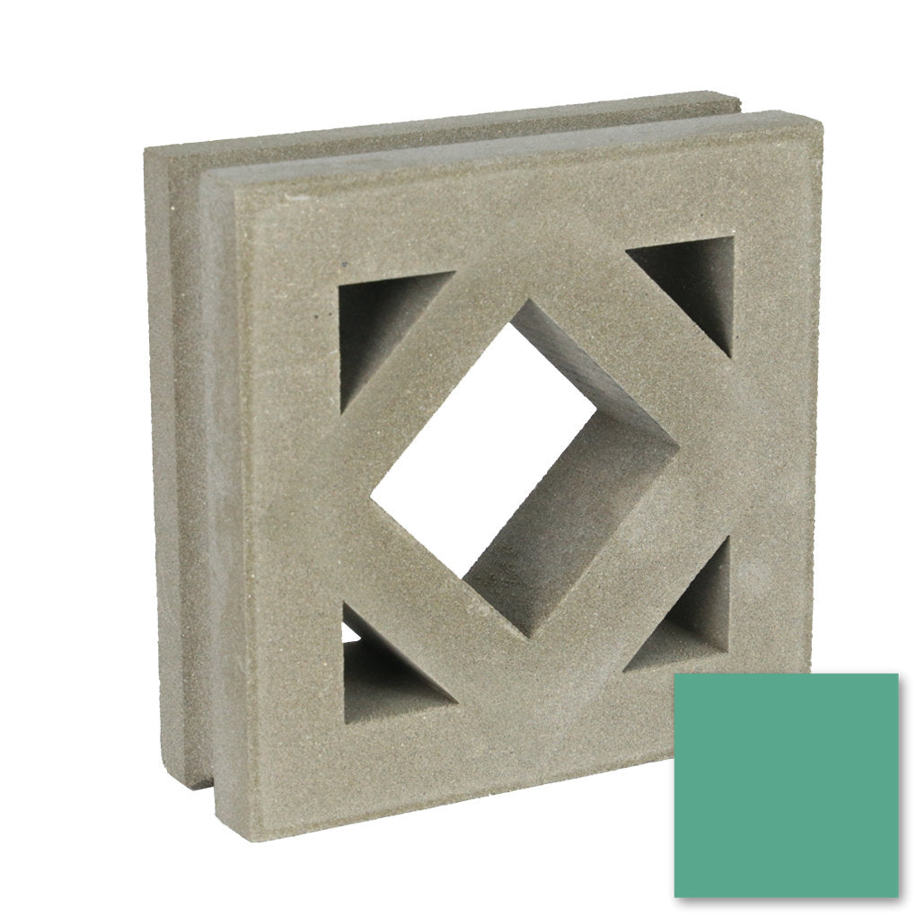 The Antil Sample by New York Cement Tile is a square concrete block with a diamond cutout beside a green color swatch.