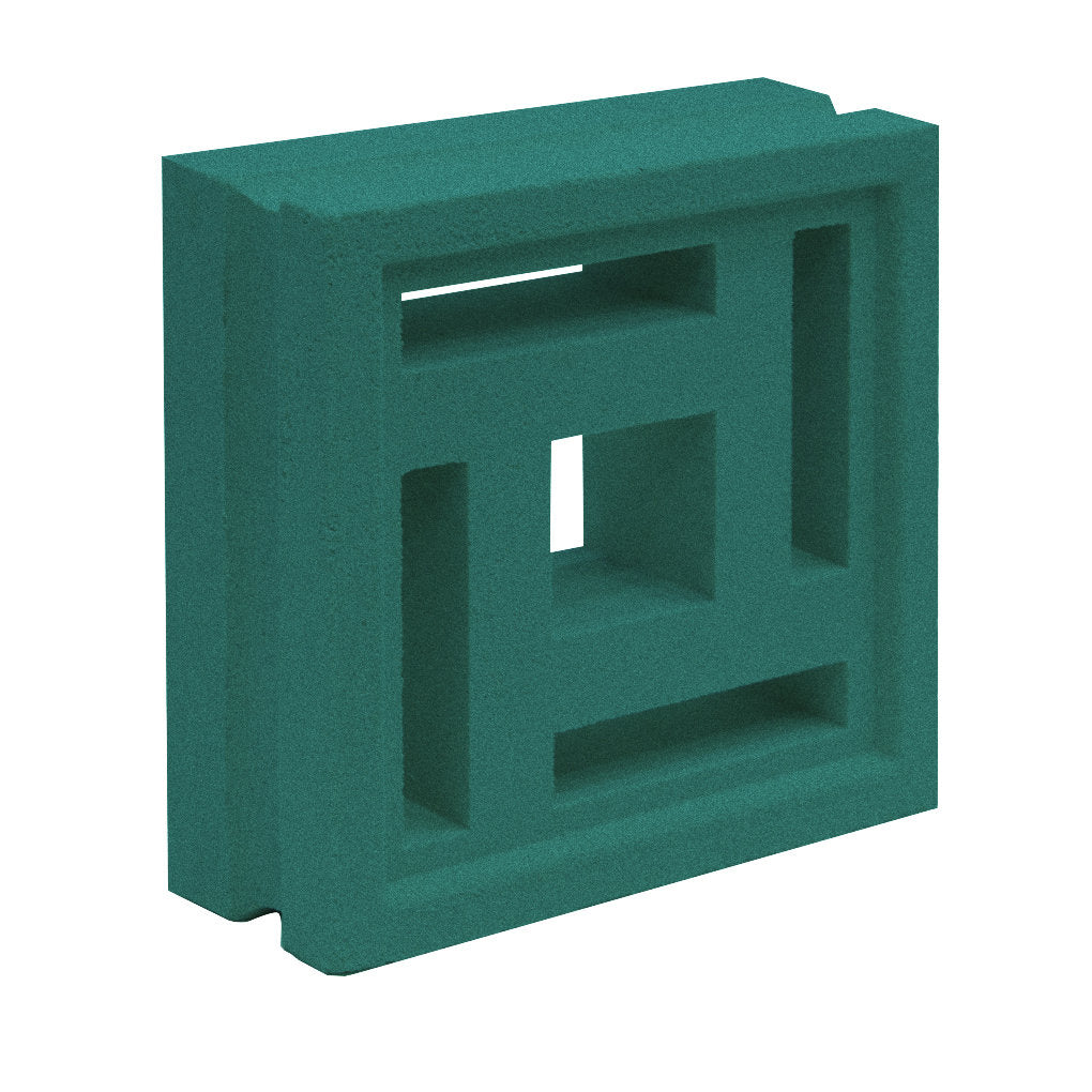 The Carabado Sample by New York Cement Tile is a green geometric block, ideal for privacy screens or modern breeze walls.