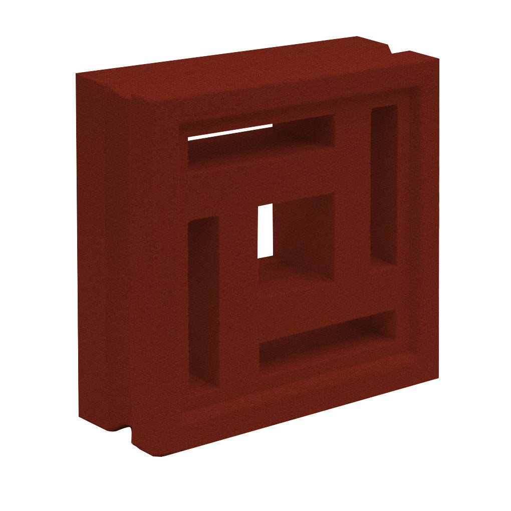 The Carabado Sample by New York Cement Tile is a red breeze block with geometric cutouts and a central square for privacy.