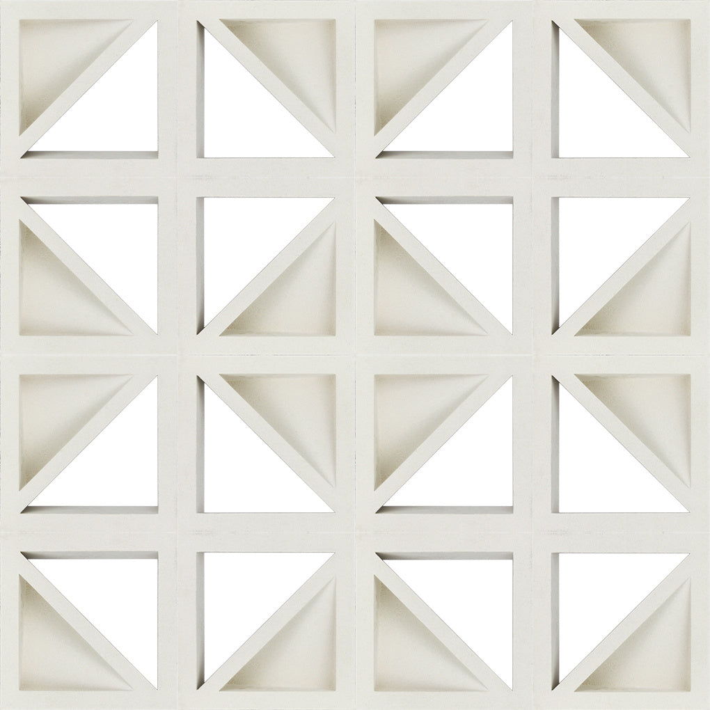 The Large Bermy Sample by New York Cement Tile features 16 square tiles with diagonal cutouts, resembling breeze blocks.