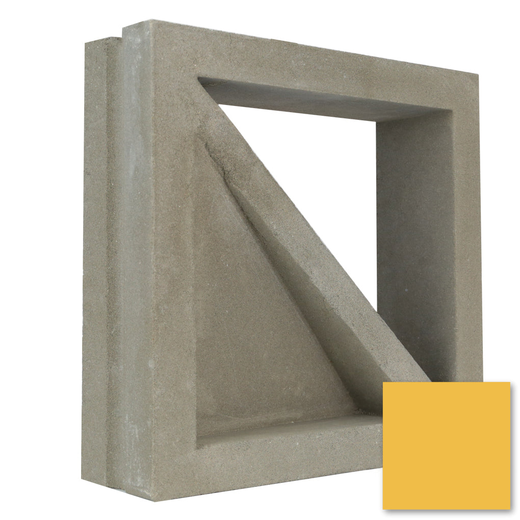 The Large Bermy Sample by New York Cement Tile is a concrete breeze block with a triangle design and yellow color accent.