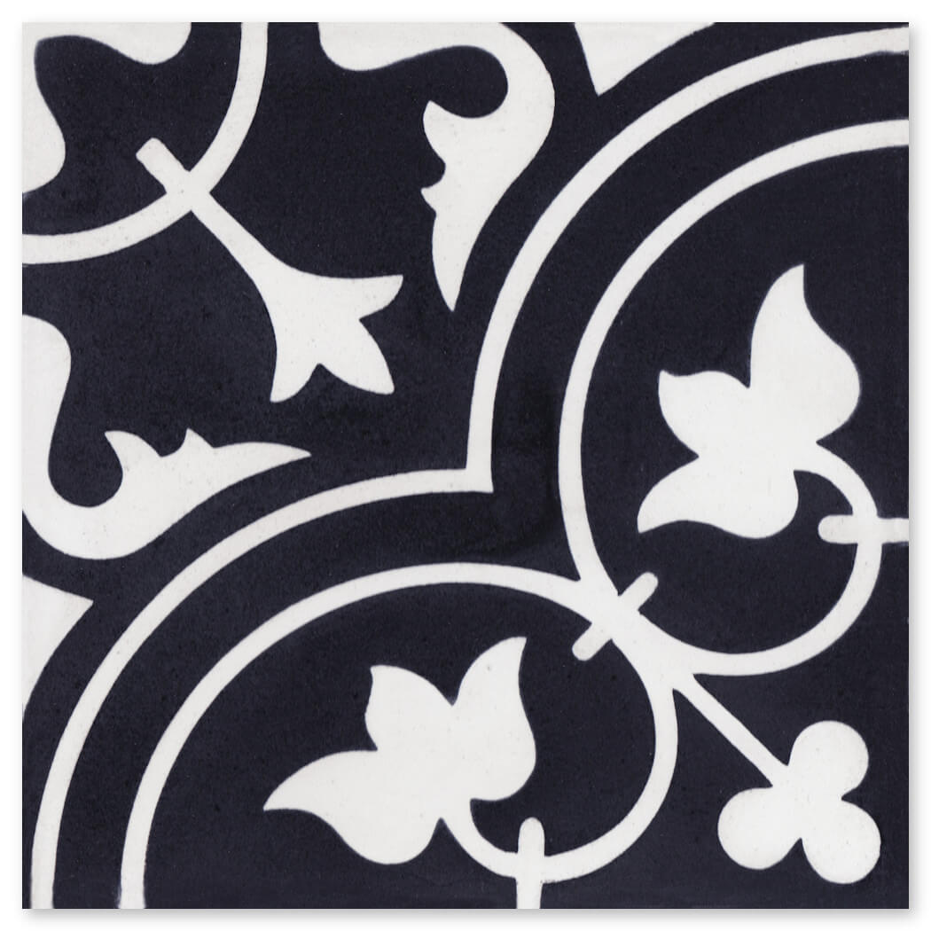 The N20-045/172 Extra Sample by New York Cement Tile features black and white floral vine patterns with curved lines and leaves.