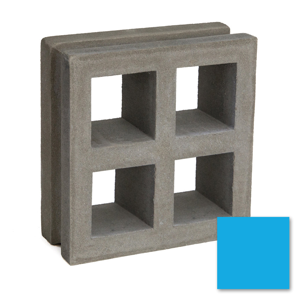 A square gray concrete Borneo block by New York Cement Tile with 4 openings, next to a solid blue square at bottom right.