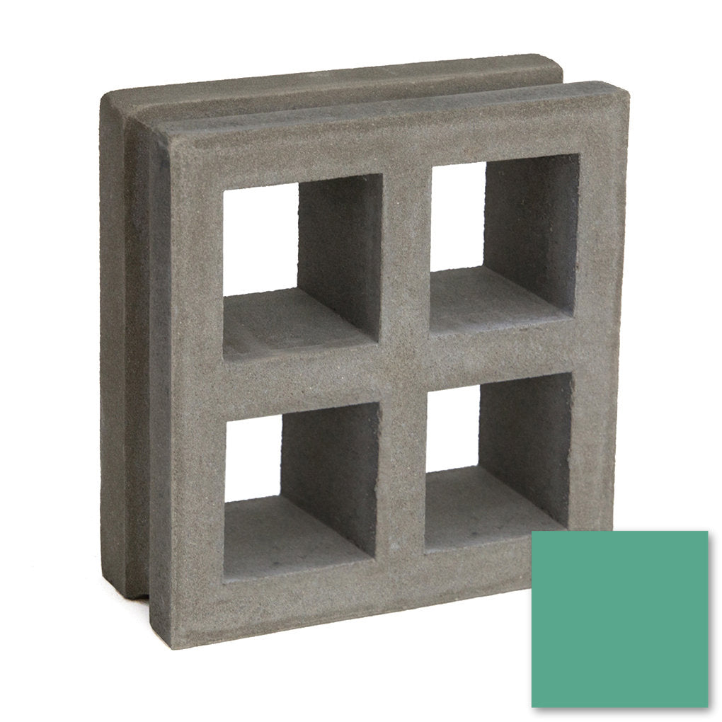 Borneo, Extra Sample by New York Cement Tile: a square concrete block with four holes shown beside a solid teal color swatch.