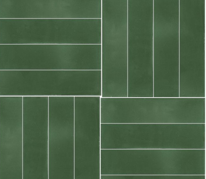 New York Cement Tile's 2x8 Solid Jungle Canopy samples offer green cement tiles with white grout for a durable backsplash.