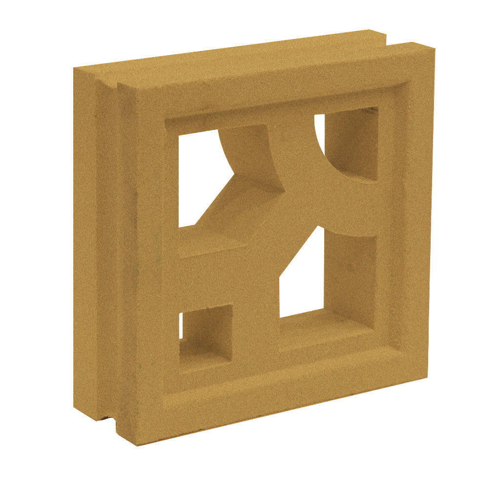 The Caprina Sample by New York Cement Tile is a tan breeze block with geometric cut-outs, ideal for privacy or decor.