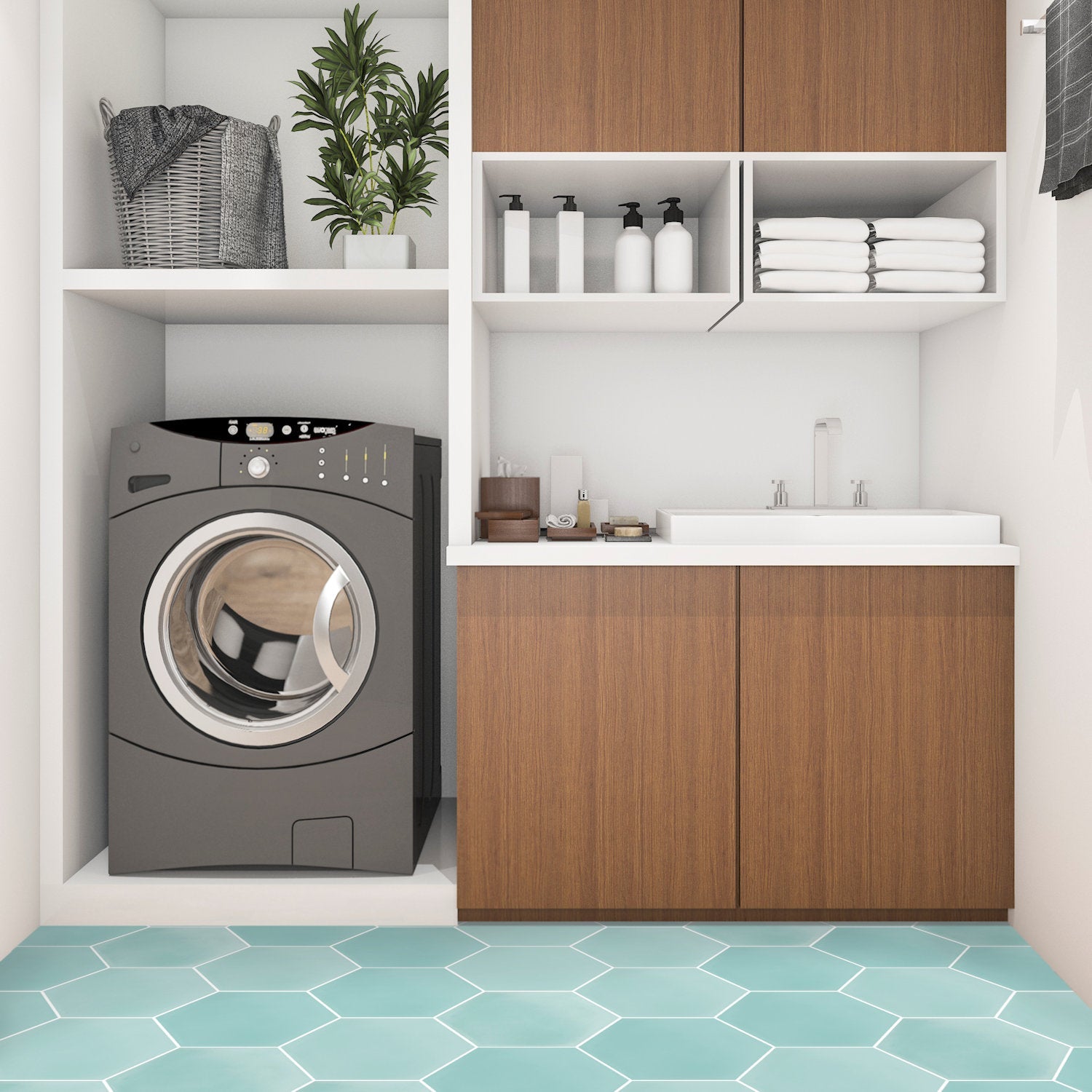 Modern laundry room with front-loader, sink, wood cabinets, shelves, and NH23-3309 teal hexagon tiles by New York Cement Tile.