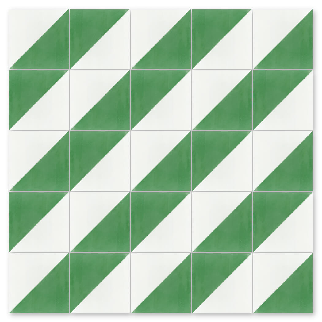 The N20-139 Green & White by New York Cement Tile features diagonal green and white hand-crafted triangle patterns.