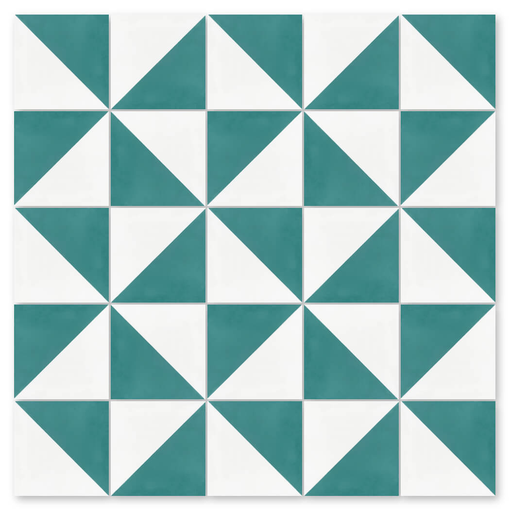 The N20-139 Icy Lagoon & White tile by New York Cement Tile features teal and white diamonds—ideal for durable flooring.