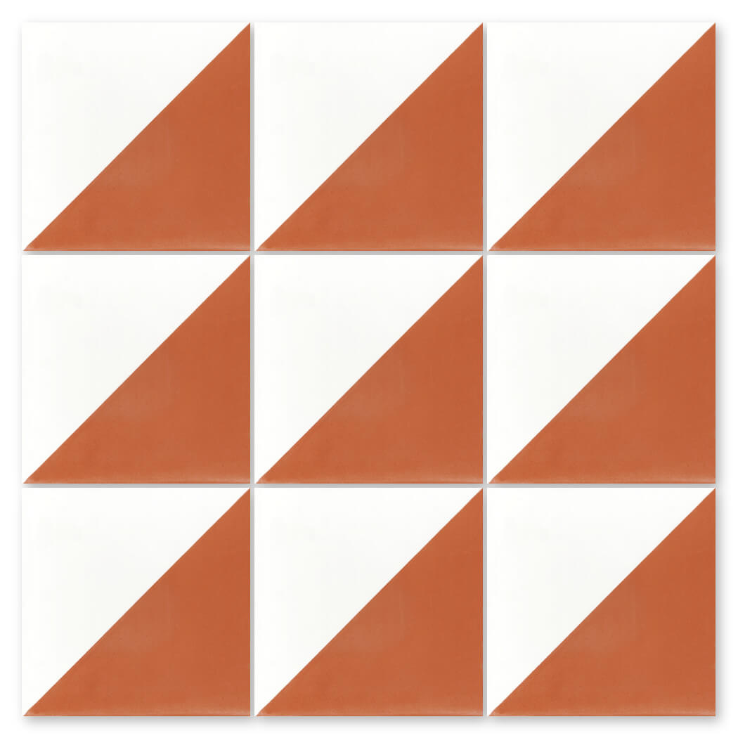 The N20-139 Terracotta & White by New York Cement Tile is a 12-tile grid with diagonal white and orange geometric patterns.