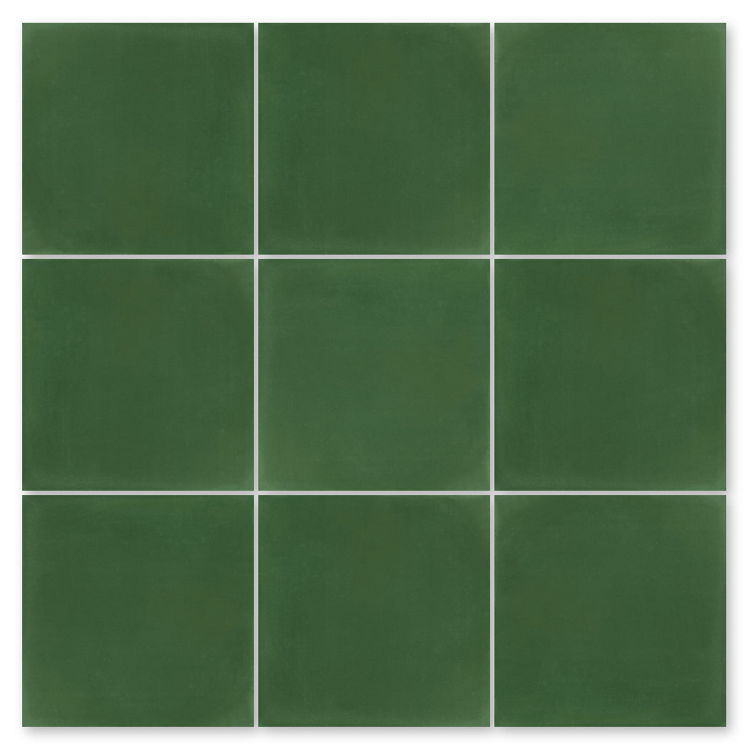 Nine New York Cement Tile 3343-Solid 4x4 samples in matte green form a 3x3 grid with thin white grout lines.