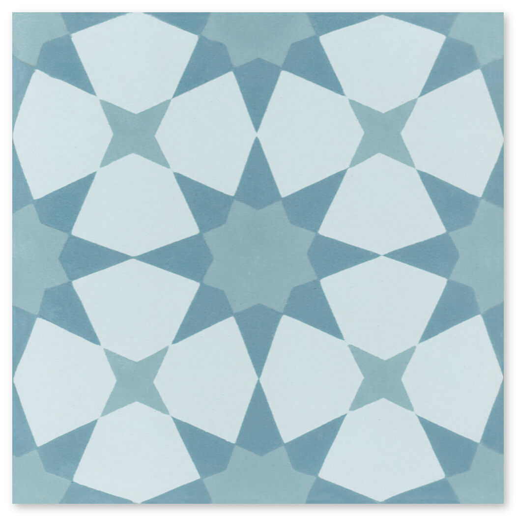 The N20-271 Blue, Extra Sample by New York Cement Tile features a star-like geometric pattern on a blue background.