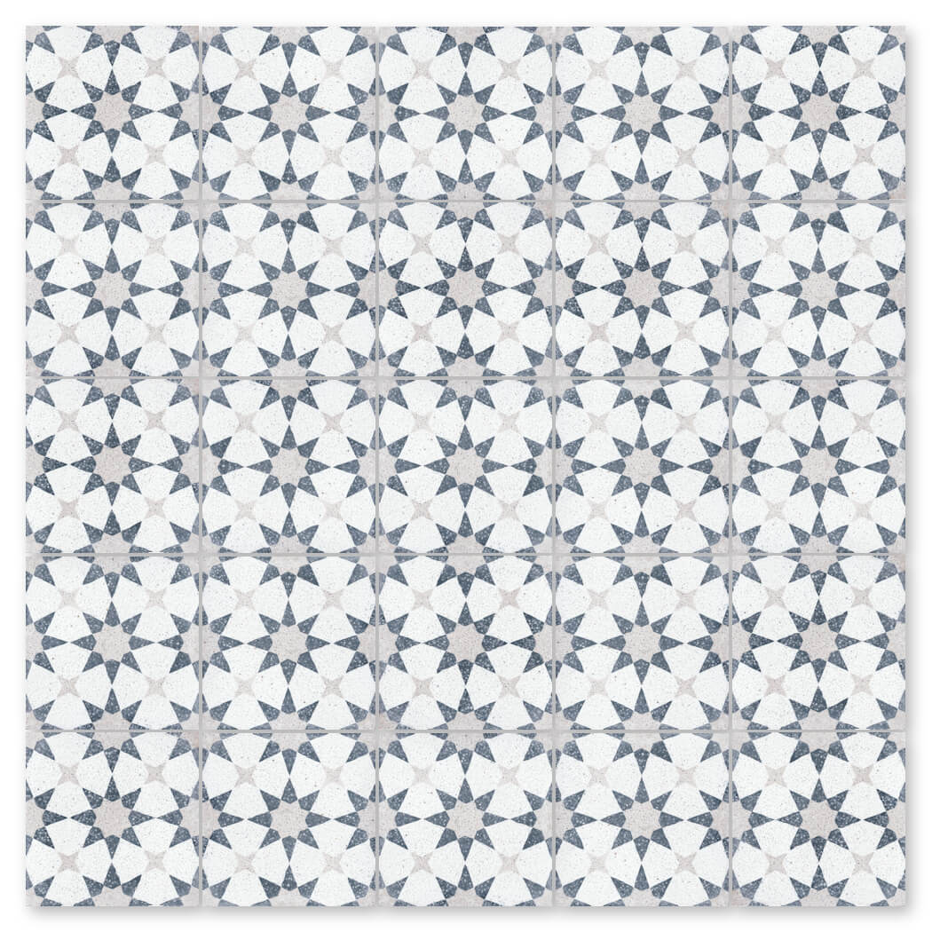 NT20-271 tile sample by New York Cement Tile features a gray and white geometric star mosaic pattern for durable flooring.