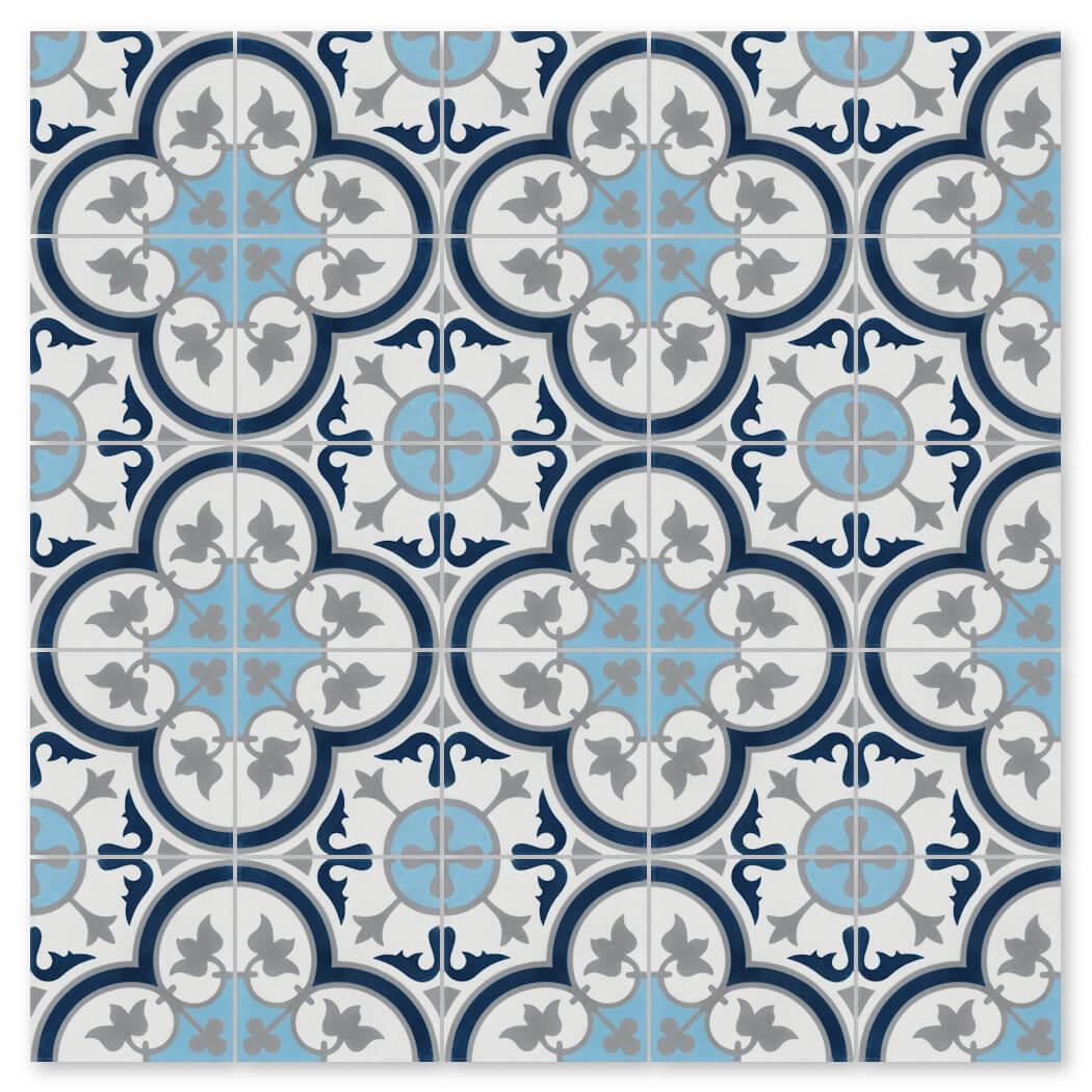 The N20-045 Ice Blue by New York Cement Tile features blue, gray, and white floral geometric patterns for durable flooring.