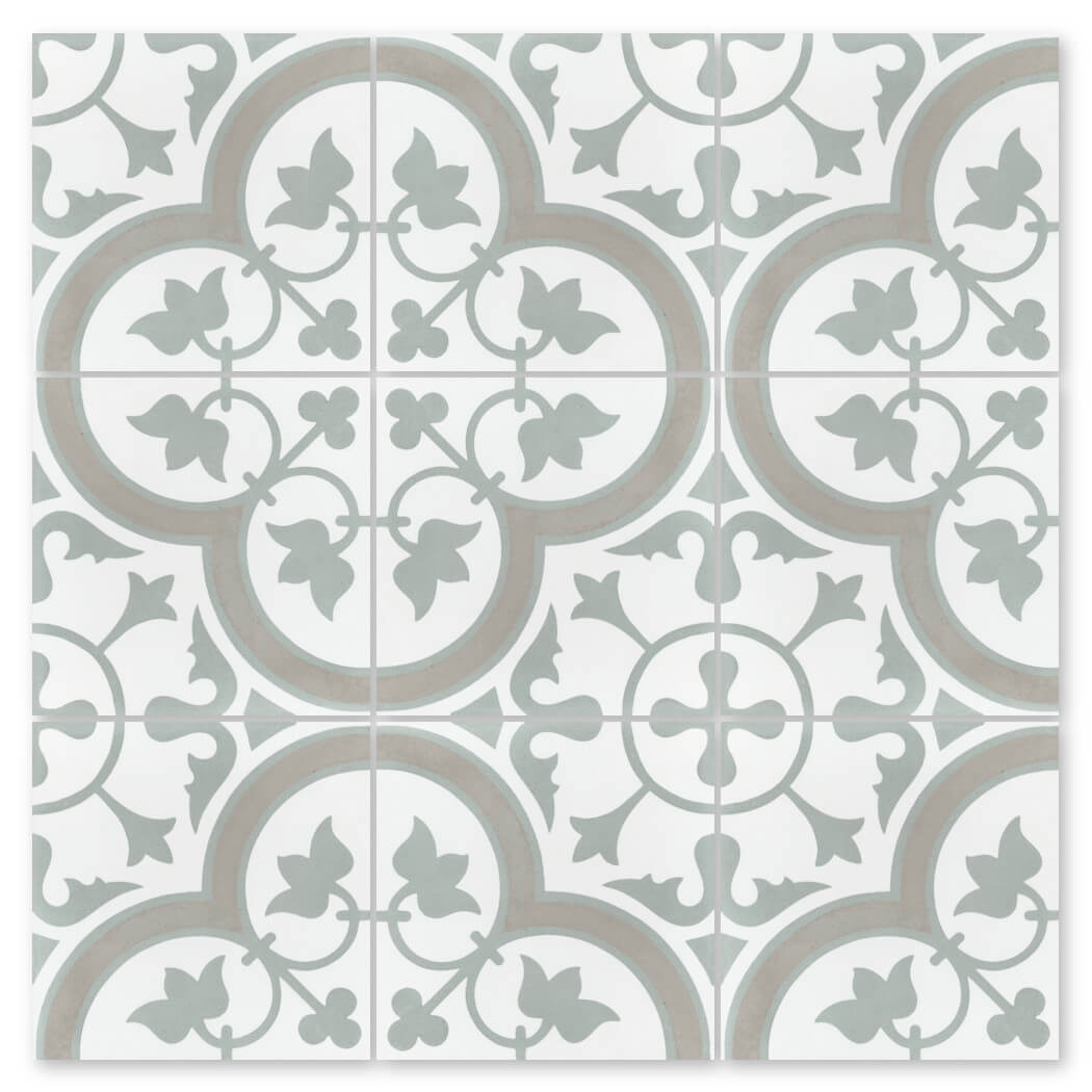N20-045 Vintage Grey by New York Cement Tile features gray and white handcrafted tiles with a floral-geometric repeating motif.