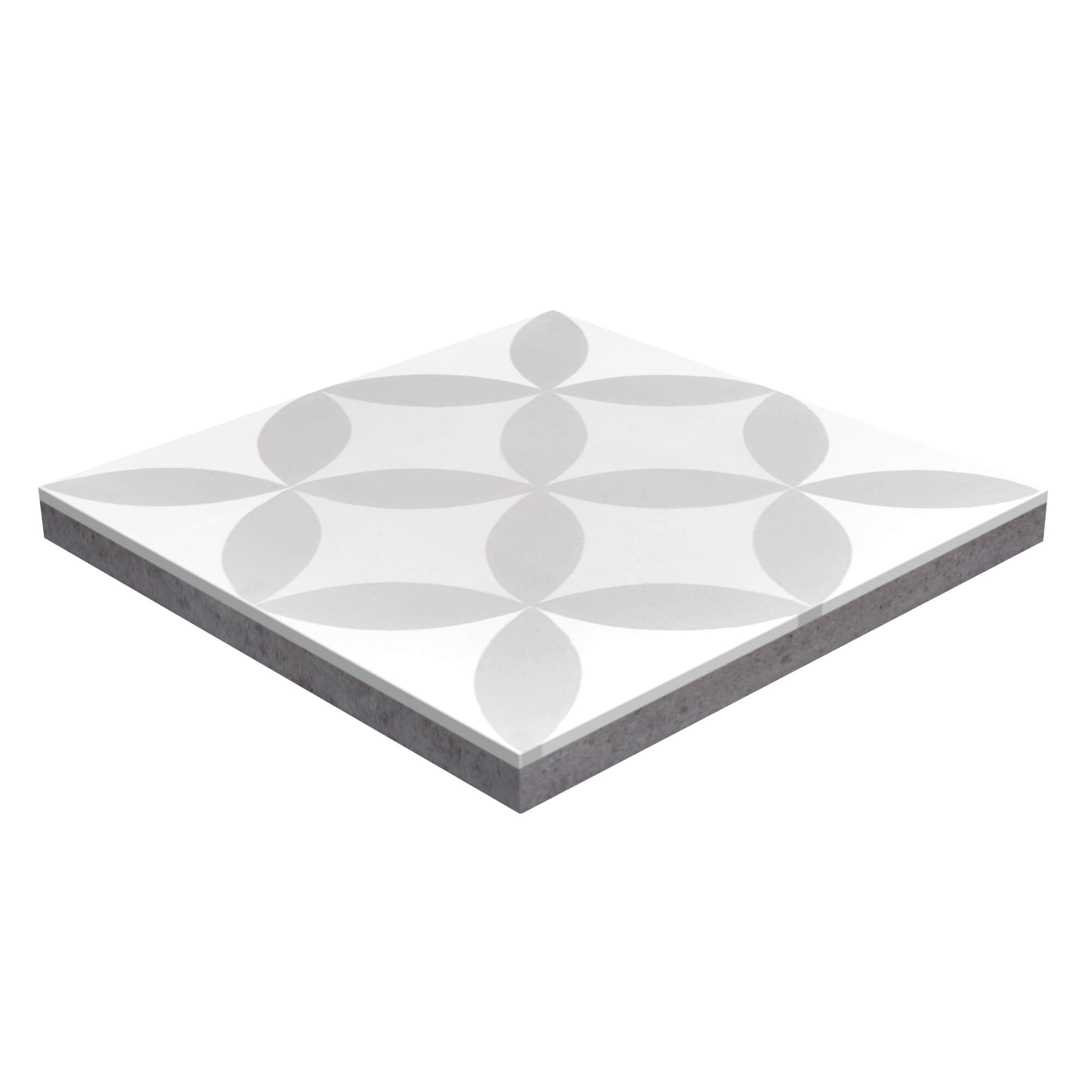 The N20-062 2245/6 by New York Cement Tile is a square ceramic tile with a white, light gray petal pattern for flooring.