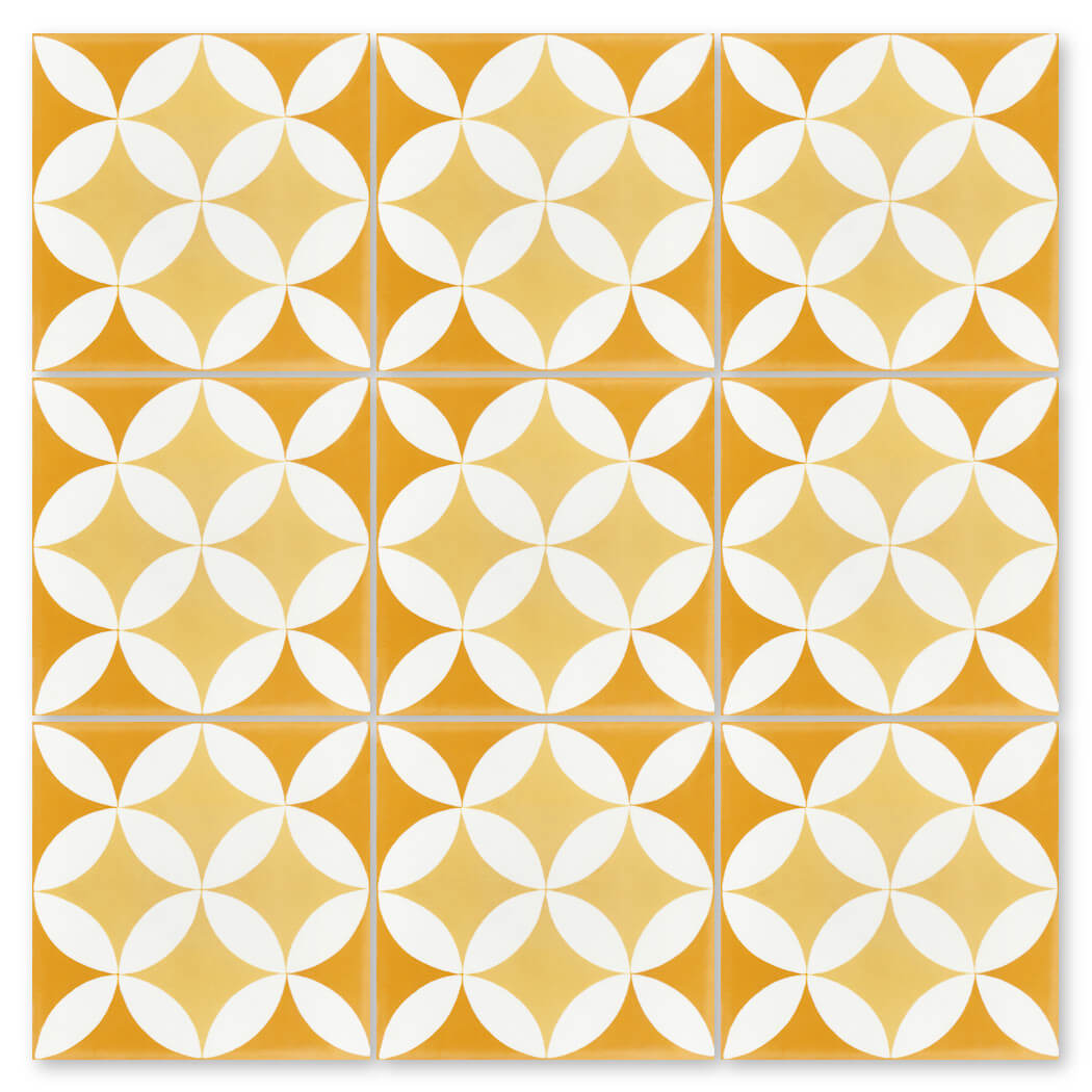 New York Cement Tile's N20-062 7704/10 sample: yellow and white tiles in a symmetrical circular geometric grid.