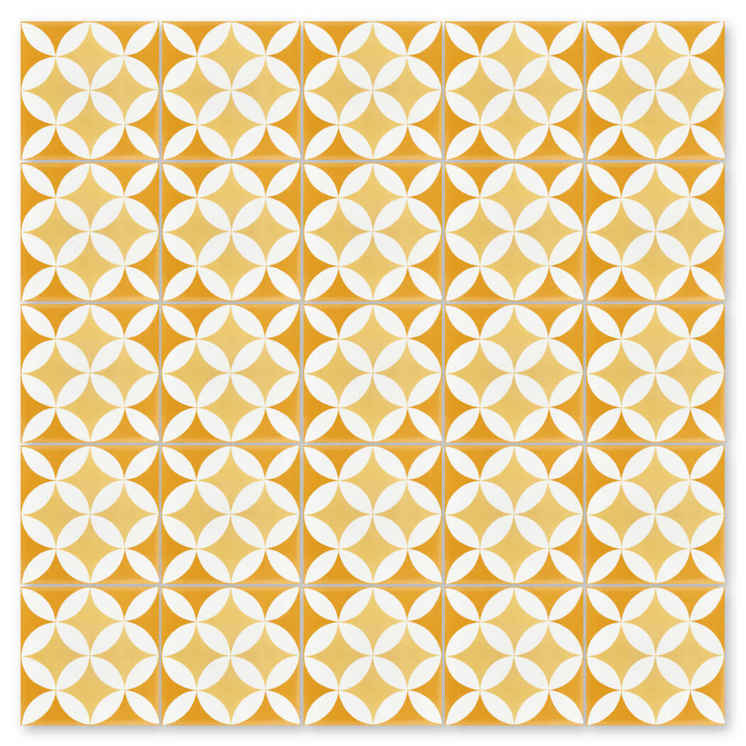 The N20-062 7704/10 tile by New York Cement Tile has a grid of orange and white circles in a geometric pattern.