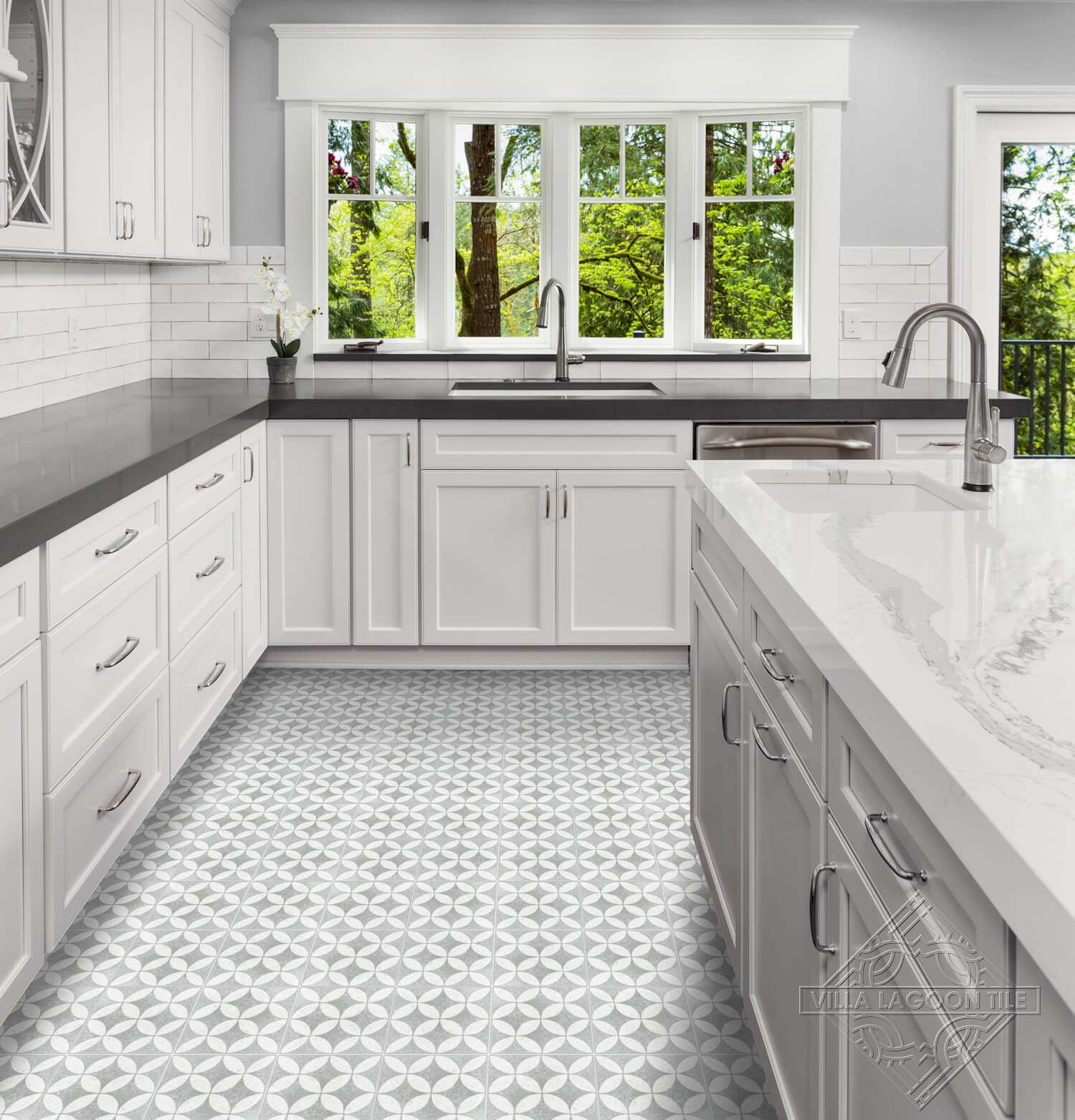 Modern kitchen featuring NT20-061 2219 mosaic tile by New York Cement Tile, white cabinets, and large windows with a view.
