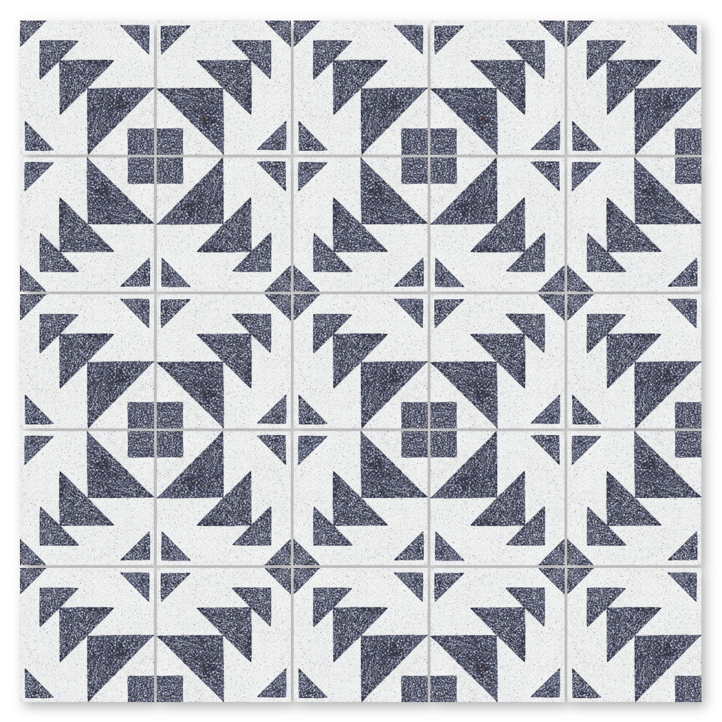 Terrazzo 8x8- Code Talker B by New York Cement Tile: repeating blue and white triangle pattern forms squares, diamonds.