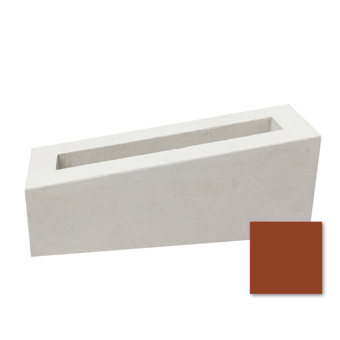 Rectangular white Corsi Sample planter by New York Cement Tile, open top, mid-century style, next to reddish-brown swatch.