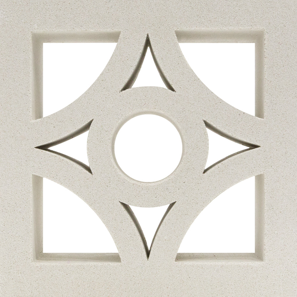 The Cura Sample by New York Cement Tile is a square breeze block with a circular cutout, ideal for stylish partitions.