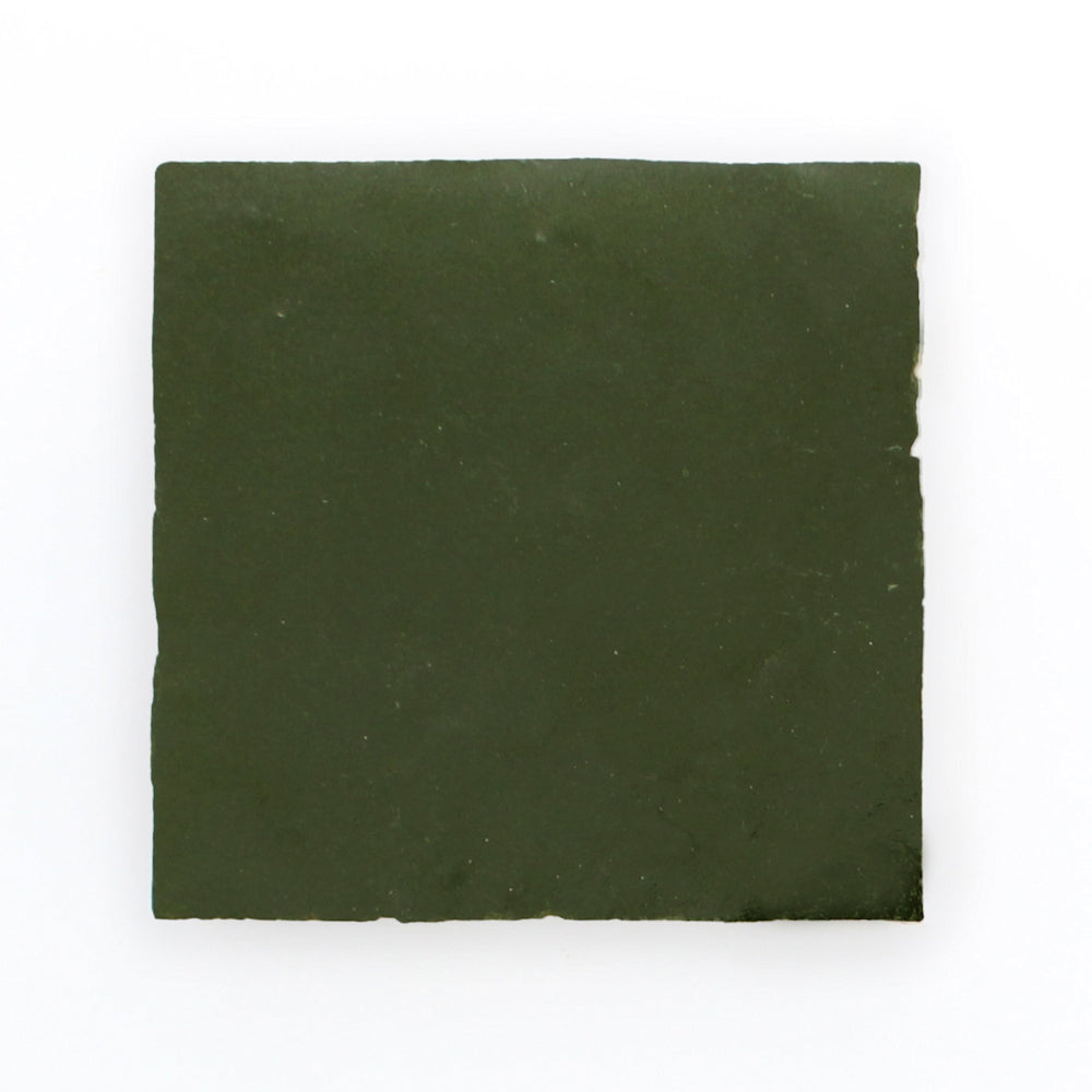 A square, dark green Moss Green sample tile by New York Cement Tile, ceramic and handcrafted, on a white background.