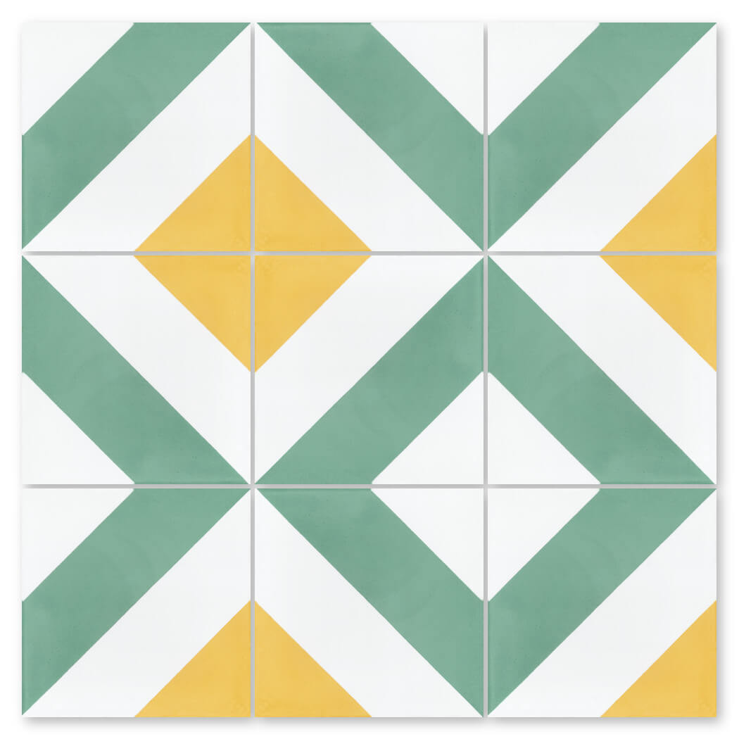 The N20-215 WG&Y Sample by New York Cement Tile features green & yellow diamond and triangle shapes on white.