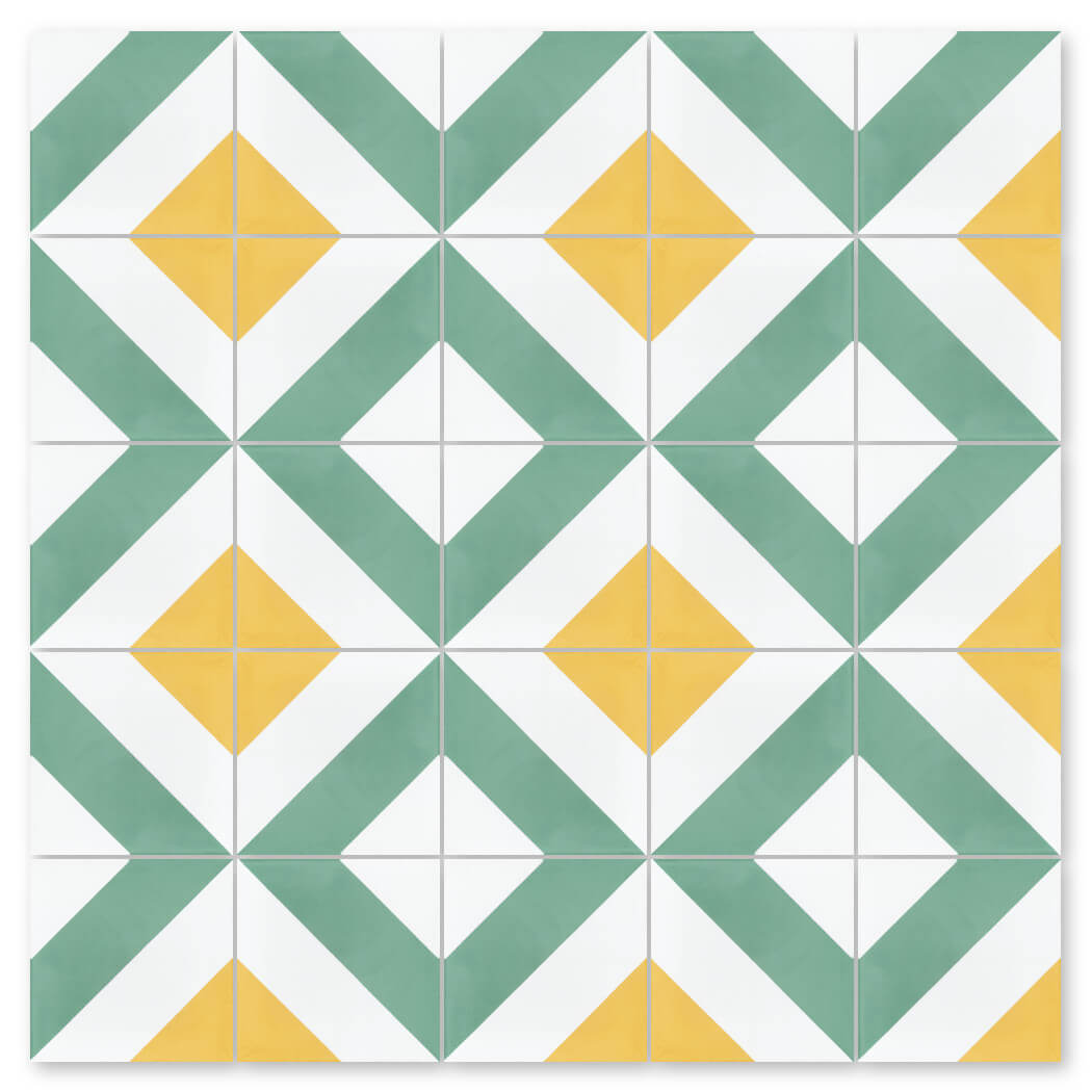 N20-215 WG&Y by New York Cement Tile: green & yellow diamond tiles in a symmetrical grid, perfect for durable flooring.