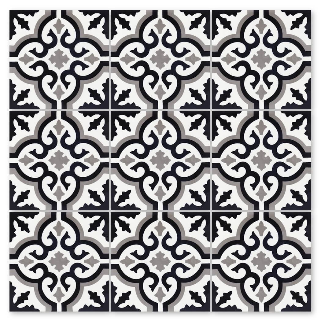 N20-200 BW&G by New York Cement Tile features black, white, and gray cement tiles with geometric and floral grid patterns.