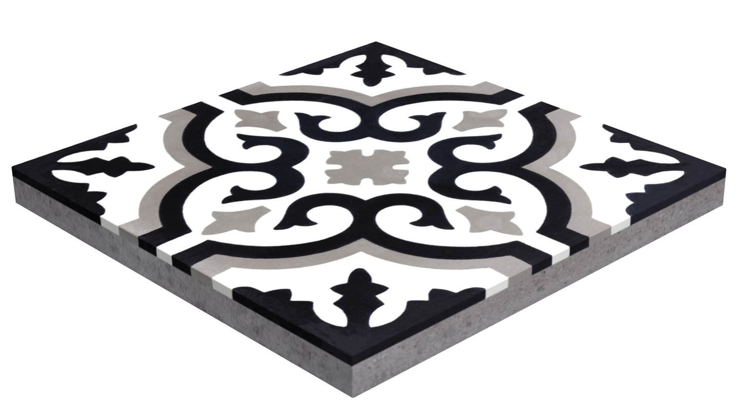 The N20-200 BW&G Sample by New York Cement Tile is a square ceramic tile with black, white & gray floral-geometric design.