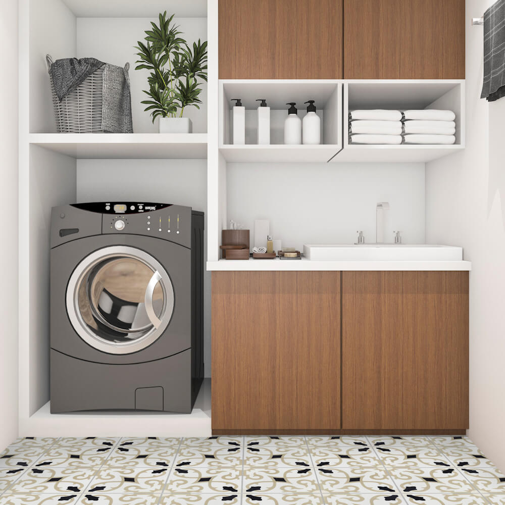 Modern laundry room featuring Charlotte Primero eco-friendly tiles by New York Cement Tile, plus washer, sink, cabinets, and shelves.