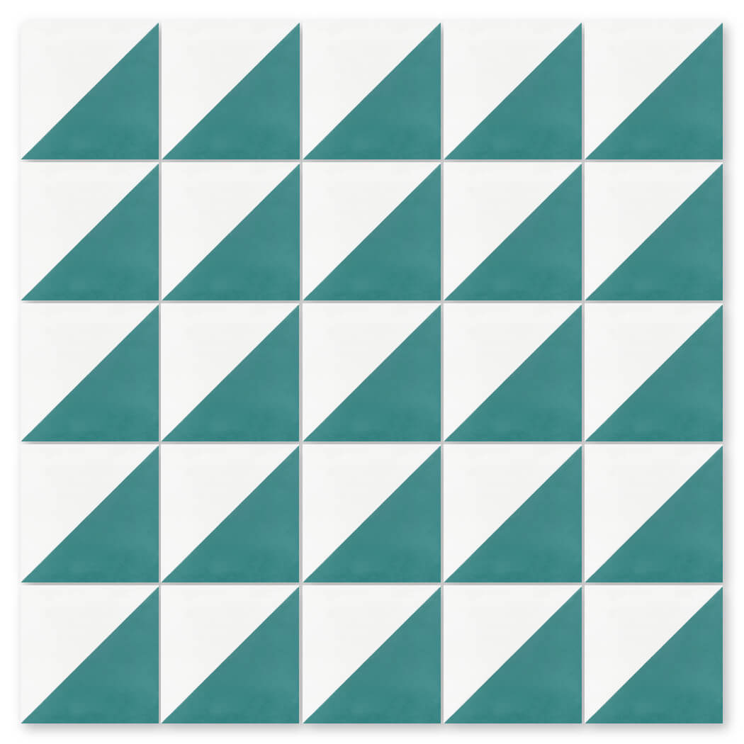 The N20-139 Icy Lagoon & White tile by New York Cement Tile features a grid of green and white diagonal triangles.