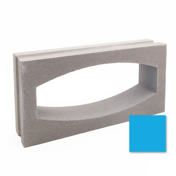 Gili Rectangular cement block by New York Cement Tile, light gray with arched cutout, beside a blue square.