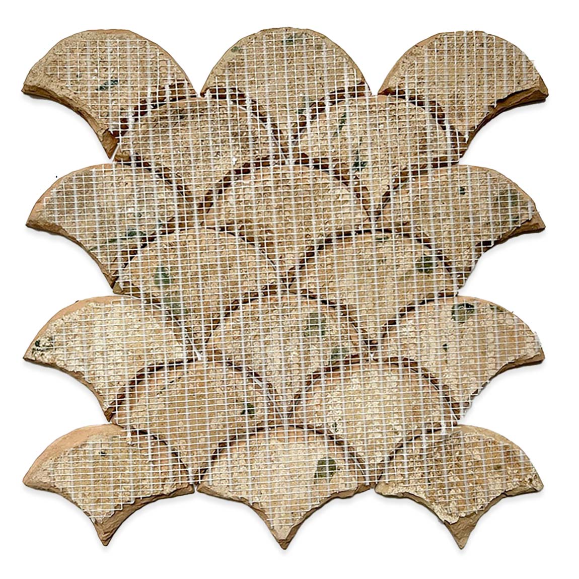 A sheet of GLAZED MOSAIC MAT FISHSCALE- Jewel Green by New York Cement Tile, arranged in a scallop pattern on mesh.