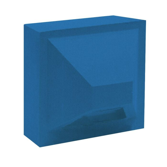 The Hawa Sample by New York Cement Tile is a blue rectangle with an indented mid-century modern geometric pattern on one side.