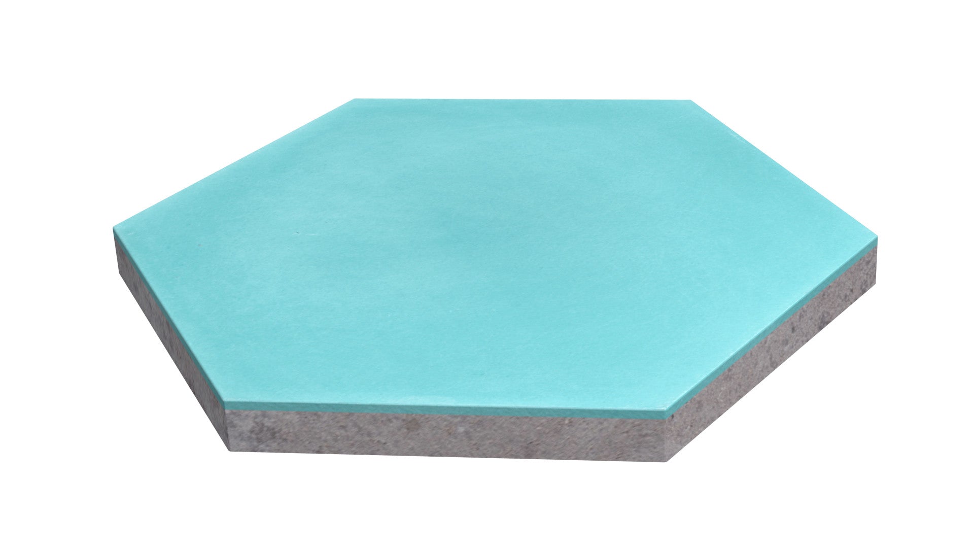 The NH23-4420 tile by New York Cement Tile is turquoise and hexagonal with a gray base, shown on a white background.