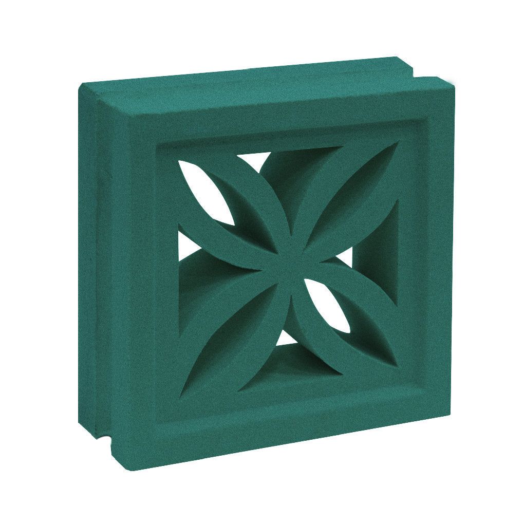The Beeza Sample by New York Cement Tile is a green breeze block with cut-out floral pattern for stylish partitions.