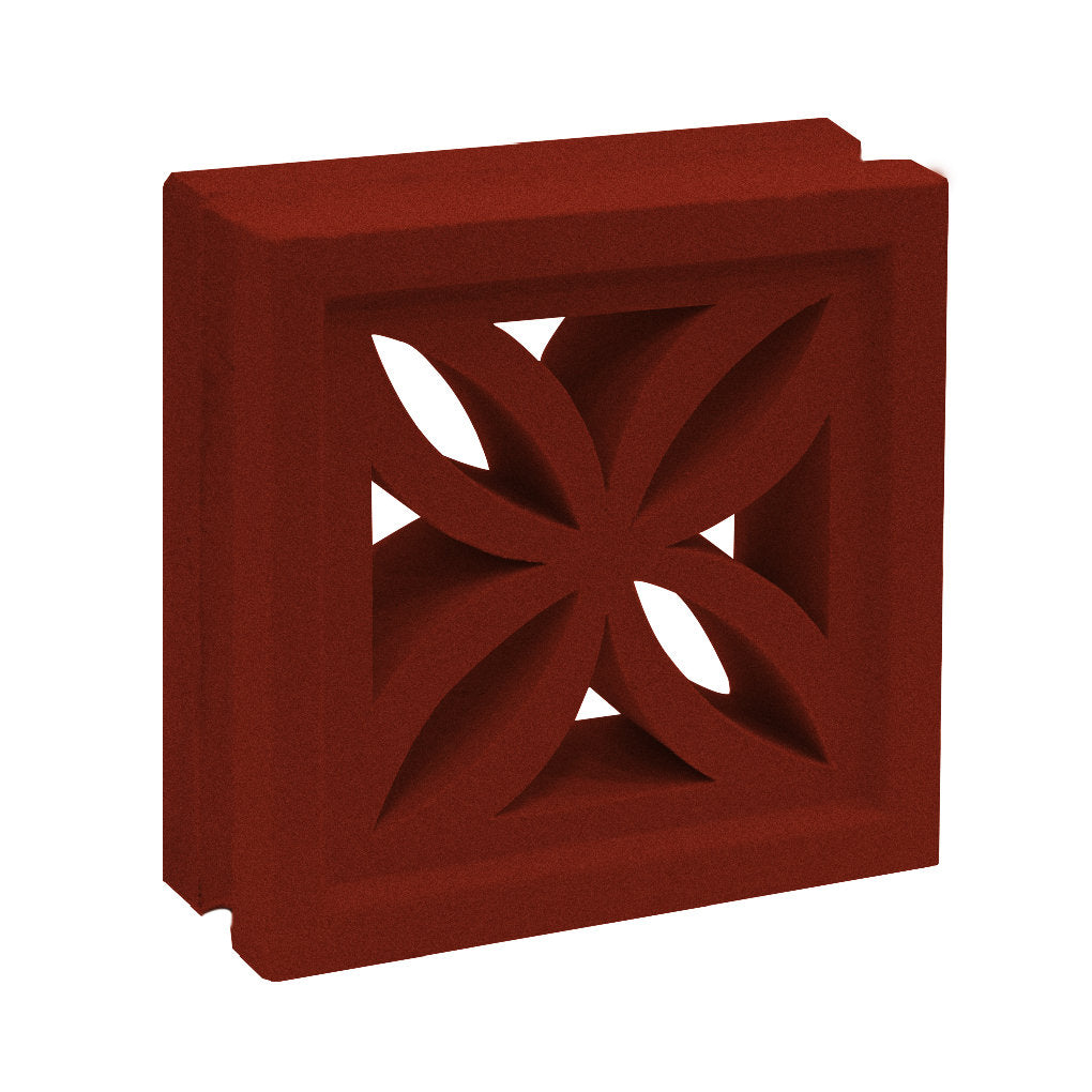 The Beeza Sample by New York Cement Tile is a red mid-century modern breeze block with a geometric floral cutout.