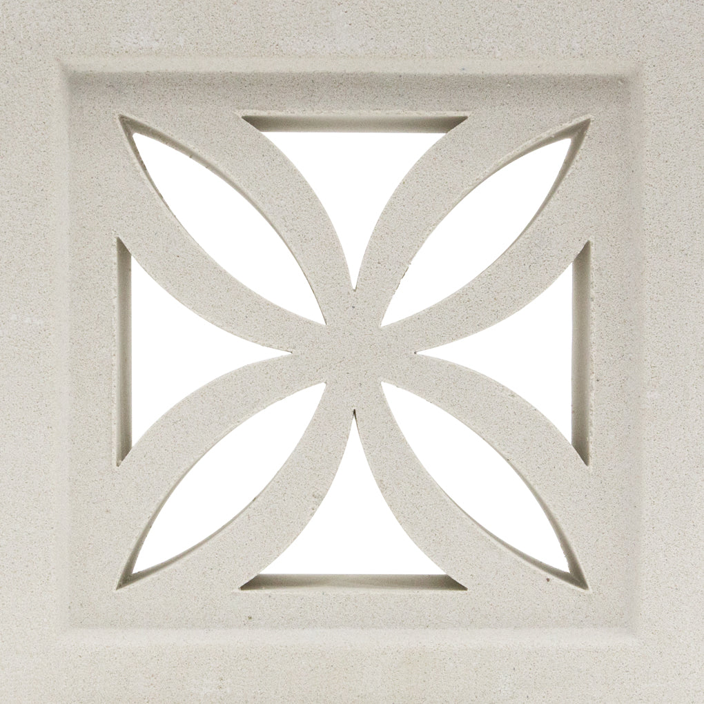 Beeza Sample by New York Cement Tile: White breeze block with a flower cutout, ideal for mid-century modern partitions.
