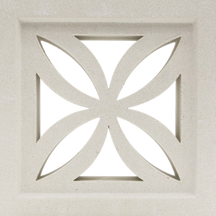 Beeza Sample by New York Cement Tile: White breeze block with a flower cutout, ideal for mid-century modern partitions.